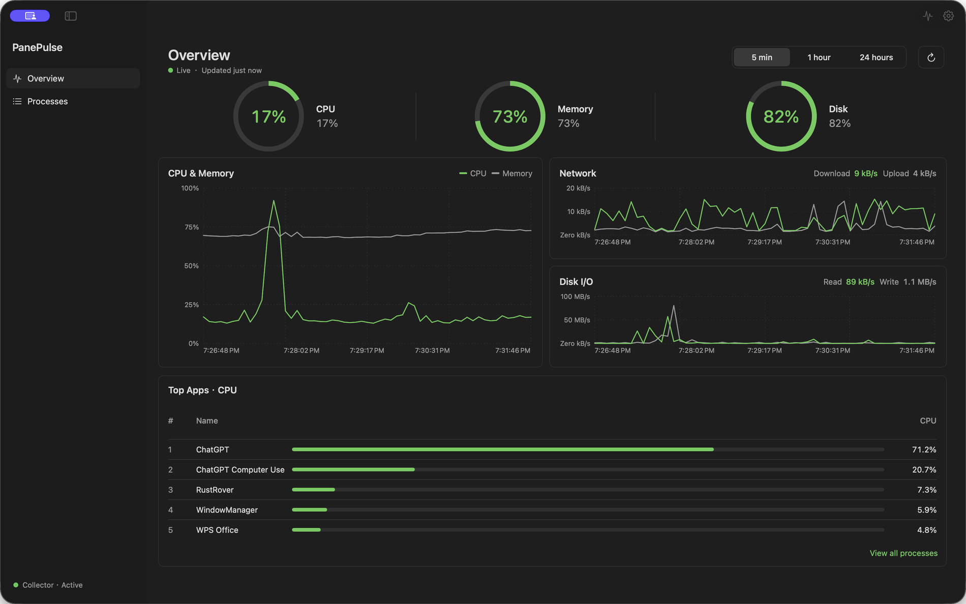 PanePulse Overview with CPU, memory, network, and disk charts